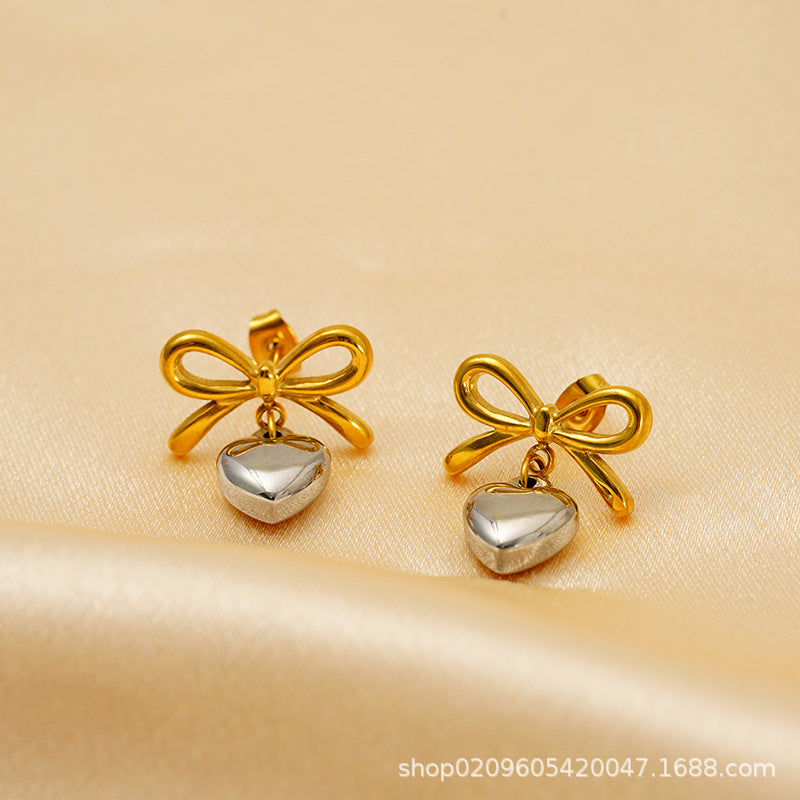 Two Tone Heart Bow Earrings