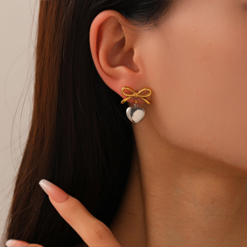Two Tone Heart Bow Earrings
