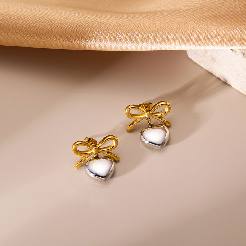 Two Tone Heart Bow Earrings