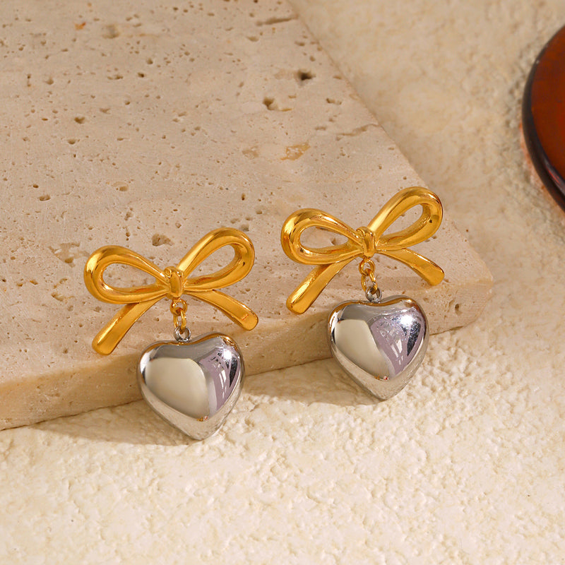 Two Tone Heart Bow Earrings