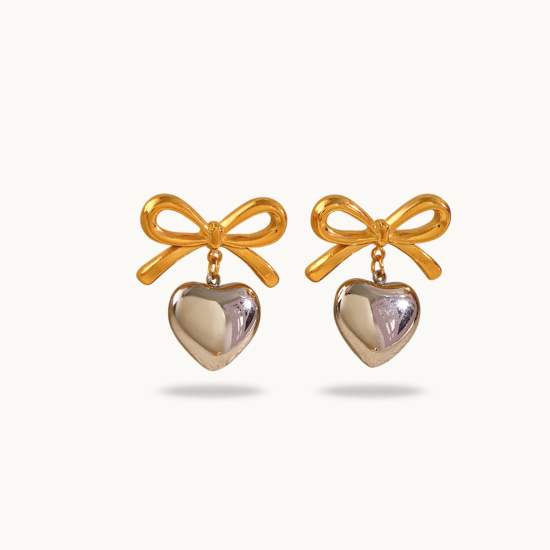 Two Tone Heart Bow Earrings
